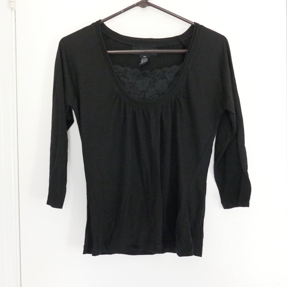 NWOT Kikit black 3/4 sleeve dressy top with lace inset panel size S